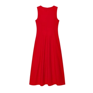 Detail of red sleeveless midi dress back showing a concealed zipper on linen fabric
