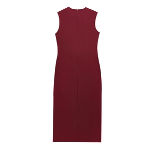 Detail of burgundy sleeveless midi dress with smooth texture and hidden back zipper