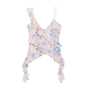 Pink floral asymmetrical camisole top with tiered ruffles and delicate mesh fabric