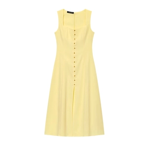 Detail of light yellow linen sleeveless midi dress featuring square neck and button front