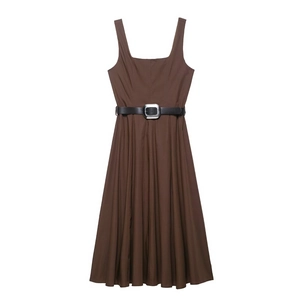 Elegant Coffee Square Neck Sleeveless Midi Dress With Black Belt Women Solid Color Flared Hem Polyester Commuter Dress