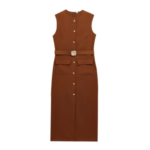Detail view of brown sleeveless midi dress with gold seashell buckle belt and large pockets