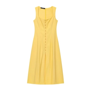 Detail view of bright yellow midi linen dress with square neck and button front design