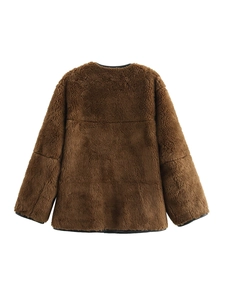 Detailed back view of brown sherpa fleece jacket with dark contrast edge piping details