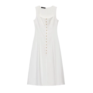 Close-up of elegant square neck white linen midi dress with decorative gold buttons