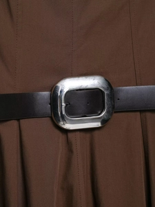 Detail of deep brown midi dress with a black leather belt and silver buckle close-up