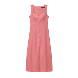 Detail of square neckline and metal buttons on sleeveless linen midi dress in dusty rose