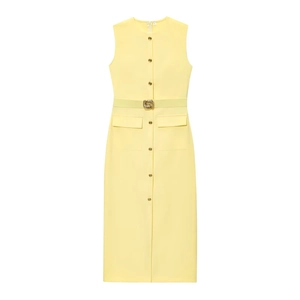 Detail of sleeveless yellow crepe midi dress with button-up front and belted waist
