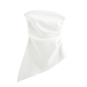 Elegant white satin strapless top with an asymmetrical hem and minimalist design