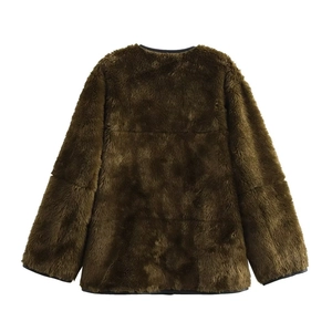 Detailed back view of a brown faux fur jacket featuring fluffy texture and black piping trim