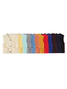 Kids V-neck knitted sweater vest in various colors with buttons and front pockets