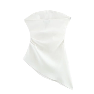 Detail of white strapless satin top with asymmetric hem and smooth glossy fabric texture