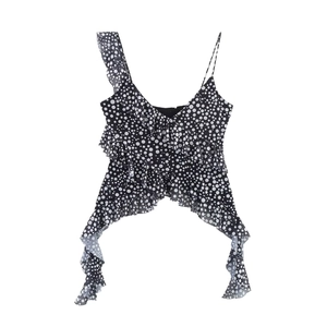 Polka dot mesh tank top with ruffled layers and asymmetrical hem for women's summer fashion