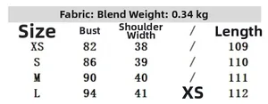 Size chart for printed linen dress detailing bust and length in XS to L sizes