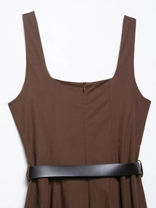 Detail view of brown square neck midi dress with back zipper and black leather belt