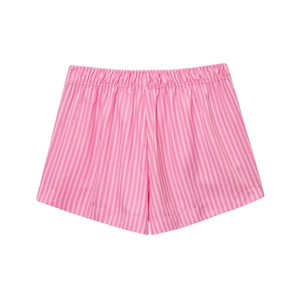 Detail view of pink and white striped poplin shorts with a gathered elastic waistband