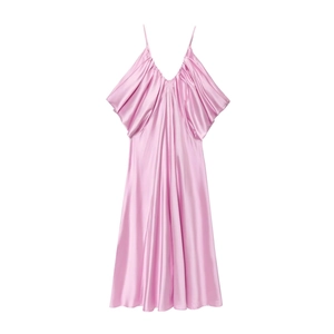 Elegant soft pink satin slip dress with gathered bodice details and thin straps