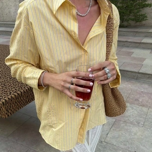 Camicia Casual a Righe da Donna Manica Lunga Abbottonata Colletto Polo Vestibilità Morbida Camicetta in Poliestere