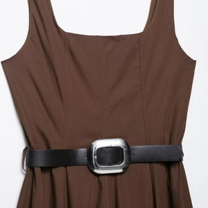 Brown sleeveless midi dress with a black leather belt and silver square buckle detail