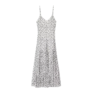 Elegantes Damen Maxi Kleid Mit Punktmuster V-Ausschnitt Spaghetti-Träger Netzgewebe Falten Sommerurlaub Langes Camisole-Kleid