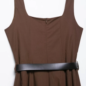 Brown sleeveless midi dress with square neck, back zipper and black belt detail