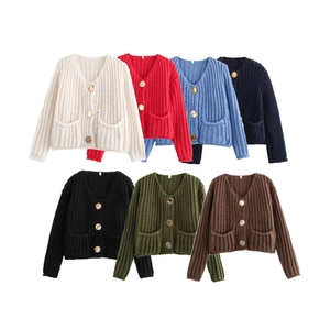 Women Chunky Knit Cardigan V-Neck Long Sleeve Sweater With Golden Buttons And Pockets Solid Color Casual Warm Outwear