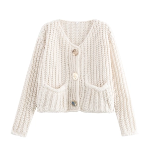 Classic cream chunky knit cardigan sweater with V-neck design and metallic buttons