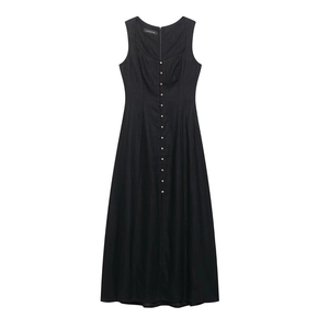 Classic black sleeveless linen midi dress with U-neck and gold buttons on white background