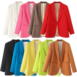 Multiple colors of women's shawl collar blazers shown in a neat matrix layout
