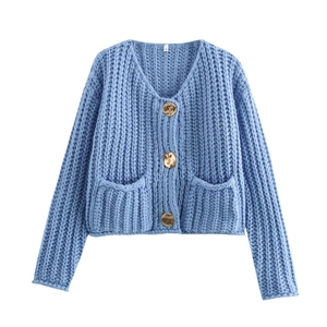 Sky blue chunky knit cardigan for women with V-neck and golden buttons on white background