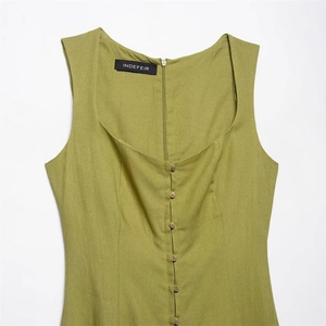 Olive green sleeveless linen midi dress featuring a square neckline and vintage buttons