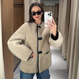 Women Faux Fur Shearling Jacket Contrast Leather Trim Toggle Button Coat Loose Warm Long Sleeve Outwear Streetwear