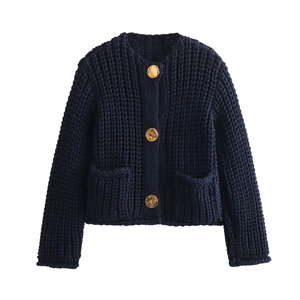 Navy blue chunky knit cardigan for women featuring gold buttons and front pockets