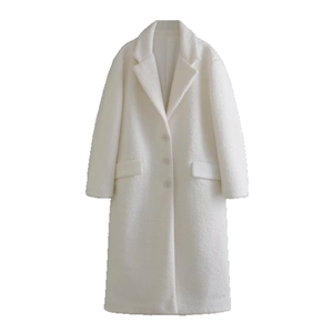 Elegant long white textured wool coat featuring classic notched lapels and three buttons
