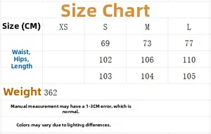 Size guide table for women's minimalist trousers showing waist and hip measurements