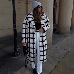 Women Black White Plaid Long Teddy Plush Overcoat Loose Lapel Single Breasted Warm Sherpa Fleece Jackets Outerwear