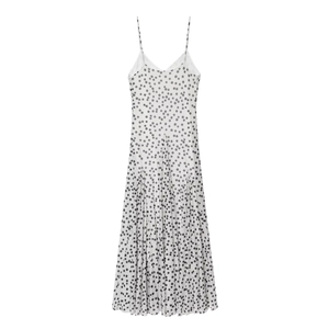 Ärmelloses weißes Midi-Kleid mit schwarzen Punkten, V-Ausschnitt und Plissee-Saum