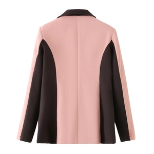 Detailed back view of pink and black color-block blazer showing slim fit tailoring
