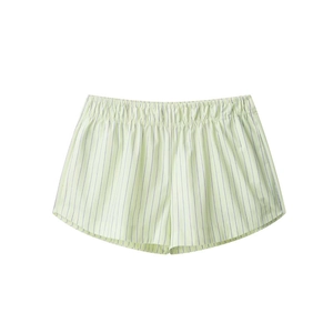 Women's casual mint green poplin shorts with vertical navy stripes and elastic waist