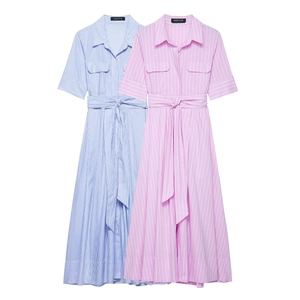 Damen Elegantes Gestreiftes Kurzarm Hemdkleid Mit Bindegürtel Reverskragen Doppeltaschen Lässiges Midi A-Linien Kleid