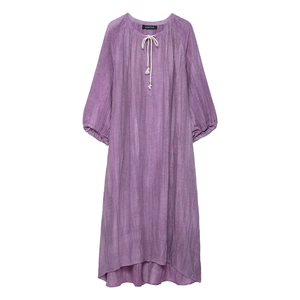 Robe Midi Violette Look Lin Plissée Pour Femmes Manches Lanternes Longues Coupe Ample Cordon Col en V Robe Tunique Décontractée