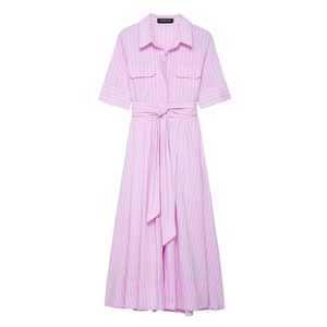 Rosa gestreiftes Popeline-Hemdkleid für Damen mit kurzen Ärmeln und Bindegürtel