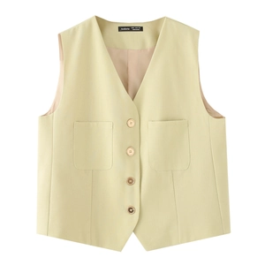 Women's V-neck linen vest set with four buttons and dual square pockets in sage green