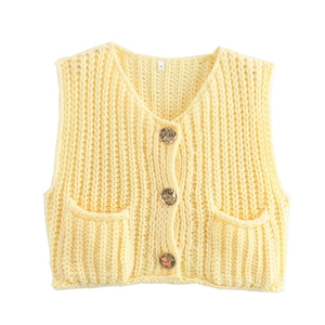 Close-up of chunky knit yellow vest with gold buttons, V-neck and vertical knit texture