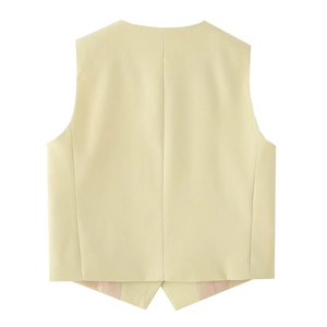 Back view of light yellow linen cotton sleeveless vest set with V-shaped hem detail