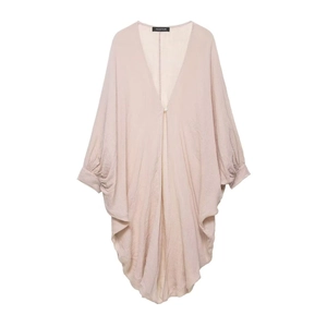 Chemisier Long Élégant pour Femmes Col en V Manches Chauve-souris Ample Épissage Polyester Texture Ramie Chemise Décontractée Été
