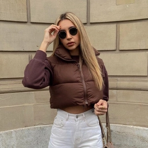 Women Fashion Stand Collar Quilted Puffer Vest Sleeveless Cropped Jacket With Zipper For Fall Winter Casual Warm Solid Outerwear