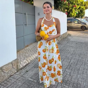 Women Halter Neck Midi Dress Summer Holiday Orange Citrus Printed Sleeveless Button Front Cotton Blend A-Line Vacation Sun Dress