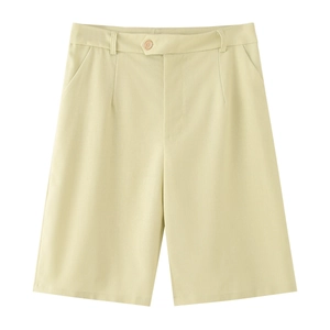 Chic cream cotton linen blend shorts featuring pleated front and button waist closure