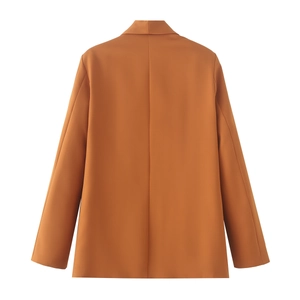Rear view of caramel brown blazer featuring clean lines and a central back seam detail